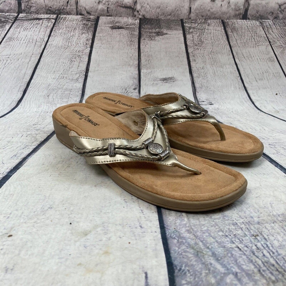 Minnetonka‎ Shoes 10 leather padded metal hardware braided Sandals Tan